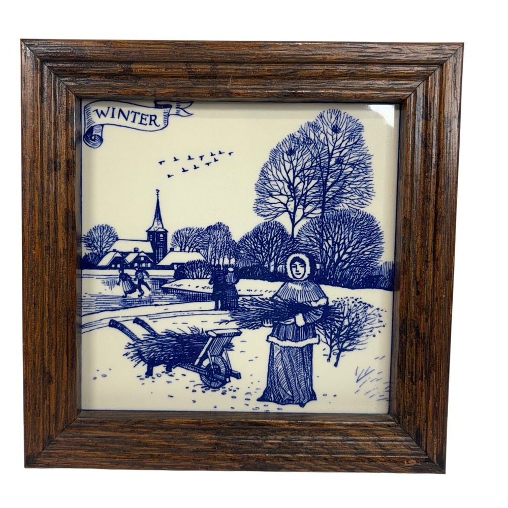 Vintage Winter Delft Blue White Ceramic Tile Framed Wall Art Dutch Village Scene